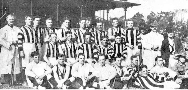 Salton, far right in white coat, as goal umpire in the Soldiers vs Carlton match