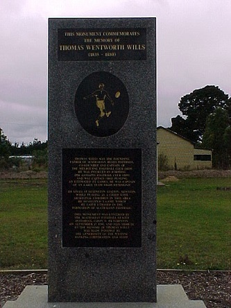 Monument to Tom Wills in Moyston, Victoria claiming him as the founder of Australian Rules Football. Photo: Roy Hay.